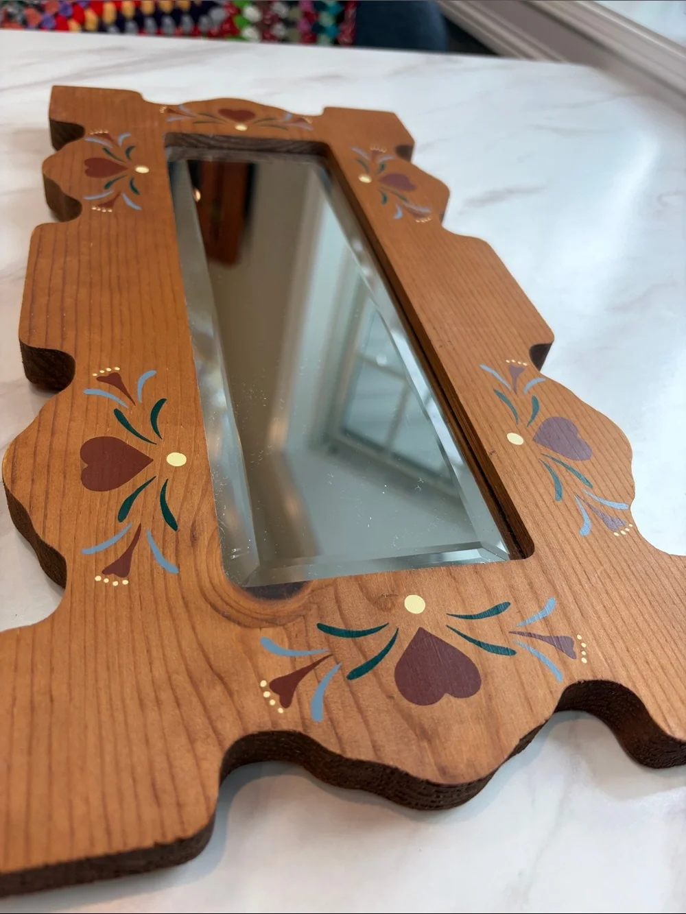 Vintage rustic farmhouse Wood Folk Art Scalloped Edge with Hearts Mirror 16 in.